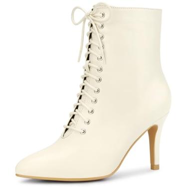 Imagem de Allegra K Botas femininas de bico fino com cadarço e salto agulha no tornozelo, Creme, 37