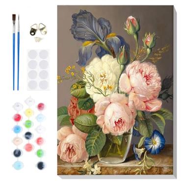 Imagem de Bowetile Pintura de flores por números para adultos iniciantes, kits fáceis de pintar por número, kits de pintura por números para adultos em tela, pintura de números em acrílico para decoração de