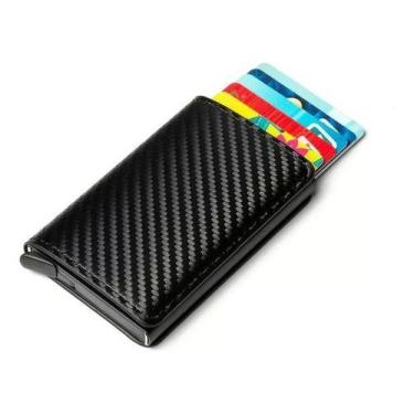 Imagem de Carteira Ejetora Automática Slim Fibra De Carbono Couro - oem, Preto