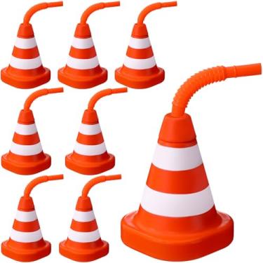 Imagem de Sawysine Pacote com 8 copos de cone de construção com canudos a granel, cones de trânsito, copos de lembrancinha de festa de 293 ml, reutilizáveis, conjunto de copos de corrida infantis para