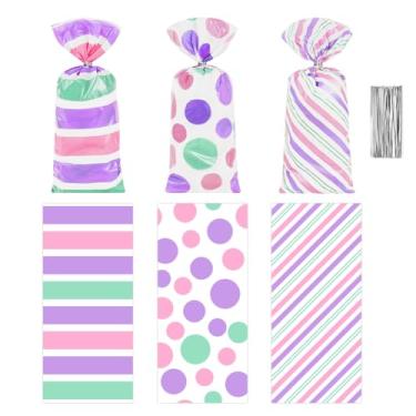 Imagem de 50 peças rosa roxo verde celofane sacos coloridos para lembrancinhas de festa de aniversário sacos de plástico doces sacos listrados linha ponto sacos de presente sacos de lanche sacos de embalagem
