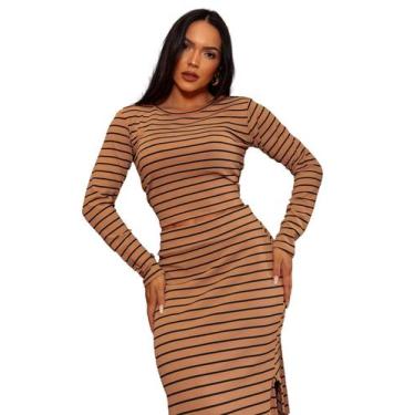 Imagem de Conjunto Saia e Cropped 3d Fenda Malha Canelada Listrada - Show store,