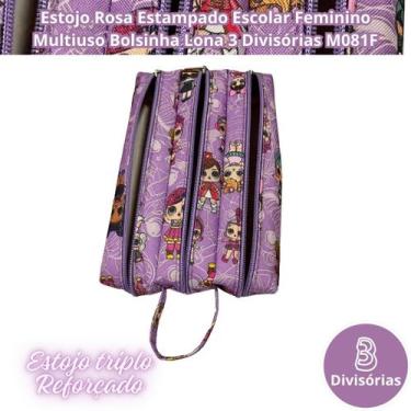 Imagem de Estojo Rosa Estampado Escolar Feminino Multiuso Bolsinha Lona 3 Divisó