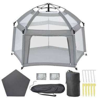 Imagem de Cercadinho para Bebês UPHUNAL com Tapete Autoinflável e Dossel - Cinza