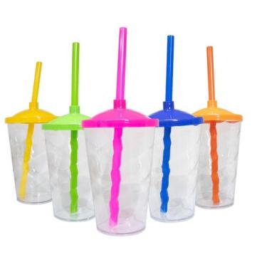 Imagem de 5 Twister Acrílico Cristal 400ml C/ Tampa E Canudo Colorido - M&ca. Pl