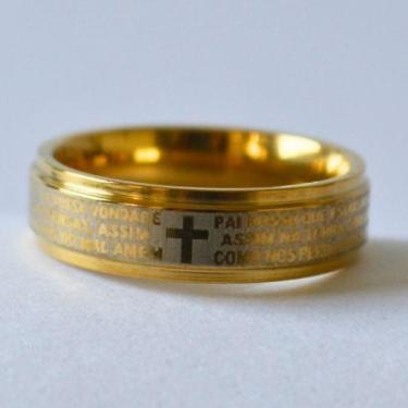 Imagem de Anel Aliança Pai Nosso Oração Dourada Reta 6mm Aço Anatômica Envio Hoj