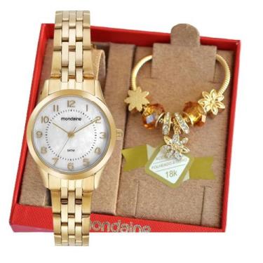 Imagem de Relogio Mondaine Dourado Pequeno Feminino Numeros 32796 + Kit Semi Joi