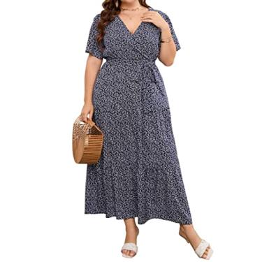 Imagem de KOJOOIN Vestido longo feminino plus size com decote em V, cintura alta, babados, manga curta, vestido casual de verão com cinto, Manga curta, azul marinho, folhas brancas, 3G