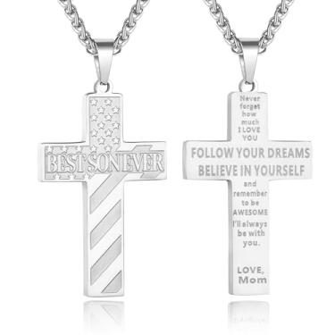 Imagem de DuoDiner Colar de cruz para homens, presentes para pai, filho, irmão, amigo, homem, colar com pingente de bandeira americana, acessórios masculinos, presente de aniversário, Natal, corrente de 61 cm,