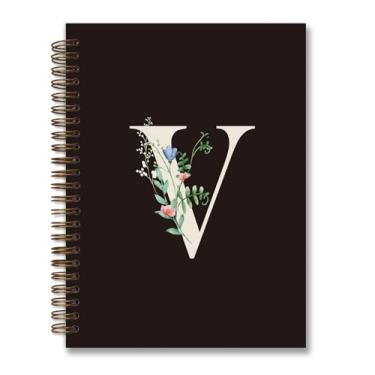 Imagem de foedor Caderno espiral de capa dura personalizado moderno, caderno preto com letra V, presentes com monograma para mulheres adolescentes, caderno espiral de capa dura pautado para faculdade, 14 x 21