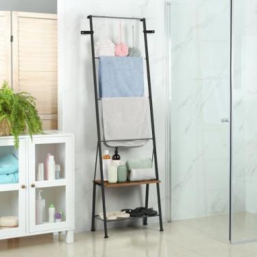Imagem de Suporte de escada de fazenda com prateleira de armazenamento, prateleira de escada decorativa com ganchos, suporte de toalha para banheiro, sala de estar, decoração de casa, marrom rústico e preto