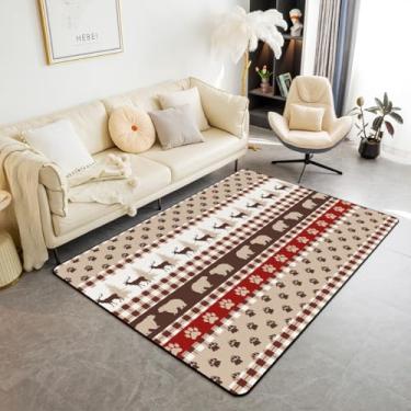 Imagem de Erosebridal Tapetes de área de caça de cervos de urso 7 x 12 cm, tapete rústico xadrez xadrez de búfalo para sala de jogos, tapetes de sala de estar com estampa de pata de urso geométrico, tapete