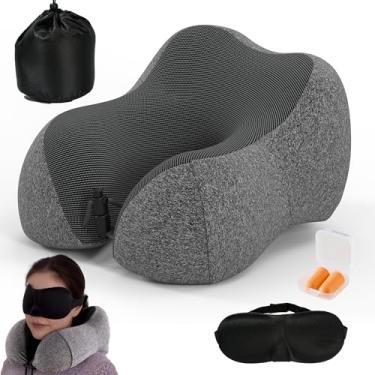 Imagem de LarkLeaves Almofada de Pescoço para Viagem com Espuma Viscoelástica e Bolso Lateral - Inclui Estojo, Máscara de Olhos e Tapetes de Ouvido, Capa Lavável, Ajustável - Companheiro de Viagem, Cinza Claro