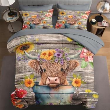 Imagem de WeCozy Jogo de edredom casal com 7 peças, 2 fronhas e 2 fronhas, flor de vaca highland para crianças e adultos, cama de desenho animado fofo feliz em uma bolsa com lençol de cima