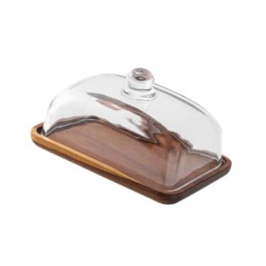 Imagem de WeiLaiKeQi Suporte para bolo com capa de vidro bandeja de bandeja de manteiga de prato de prato exibir prato elegante suporte de placa de bolo retangular para , Acacia Wood