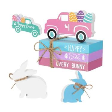 Imagem de Fancyes Decoração de bandeja em camadas de Páscoa placas de madeira com caminhão de madeira de barbante, ornamentos modernos e de páscoa de mesa de mesa para