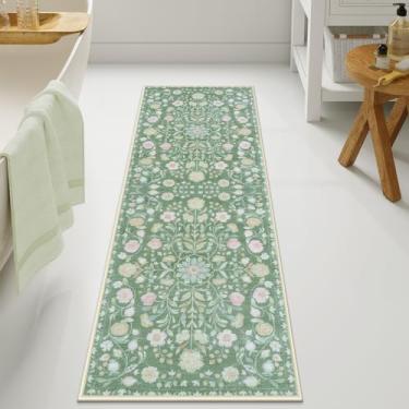 Imagem de Uphome Tapete de banheiro longo, floral, verde, ultramacio, lavável à máquina, grande, antiderrapante, boho, vintage, floral, para entrada, quarto, corredor, 51 x 152 cm