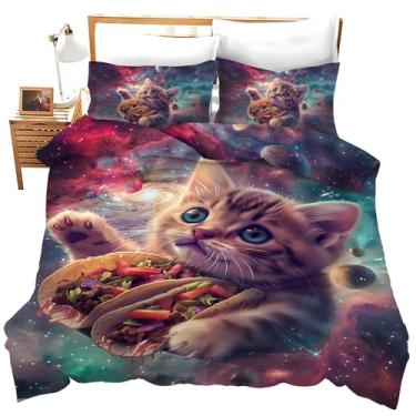 Imagem de Lovira Jogo de cama com estampa 3D de comida de taco de gato, espaço sideral, galáxia, 3 peças, com 2 fronhas, tamanho Queen, lençol de cama para decoração de quarto para adultos, crianças, meninos e