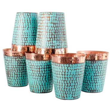 Imagem de Taxcal Conjunto de copos de cobre feitos à mão - 6 copos exclusivos de 425 g para vinho e água | Garrafa de água de cobre | Artesanato 100% autêntico de Santa Clara, México | Presente ecológico para