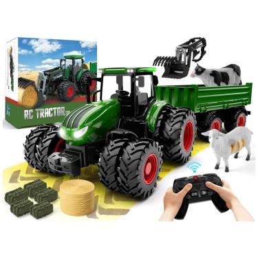 Imagem de Mini Trator RC Metal 8 Rodas c/ Reboque, Luzes - Controle Remoto, Carregador Frontal - Brinquedo de Metal com 8 Rodas e Luzes