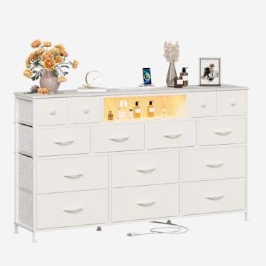 Imagem de Welfuturer Cômoda branca para quarto de 138 cm L com 14 gavetas largas e cômoda com LED e estação de carregamento, suporte de TV longo para sala de estar, armário de madeira, moldura de metal