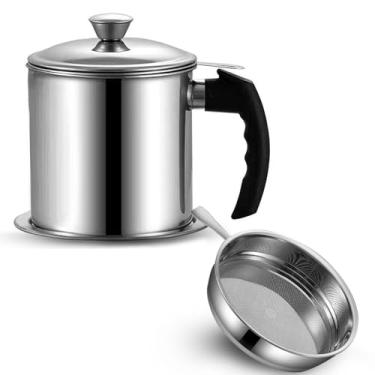 Imagem de Ralleyfun Recipiente Para Gordura De Bacon Com Filtro Removível, Tampa Confortável, Bandeja Descanso Copo, Óleo Aço Inoxidável Alça Fritura, Cozinha 1,3 L (46 Fl. Oz.) (Estilo B)