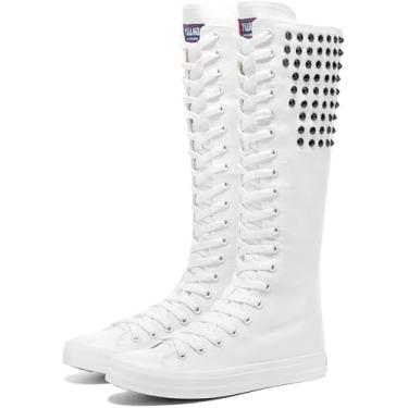 Imagem de Momuk Botas de lona de cano alto com rebite longo, estilo punk para mulheres e meninas, Branco, 5