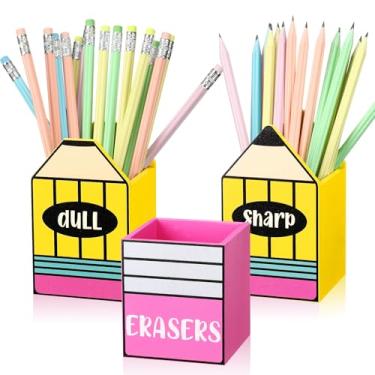 Imagem de Gilprop 3 porta-lápis afiados e sem brilho, baldes de borracha, dispensador de madeira, suporte de caneta acabado, não faça você mesmo, para professores de volta às aulas, gerenciamento de sala de
