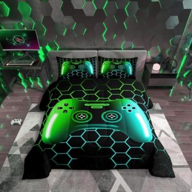 Imagem de Erosebridal Jogo de cama King verde-azulado para meninos, videogame, decoração de quarto de crianças, preto
