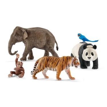 Imagem de Schleich Wild Animal Toys - Conjunto de 5 figuras realistas de animais, incluindo panda gigante, tigre, araras jacintas, cachorro de orangotango e elefante asiático