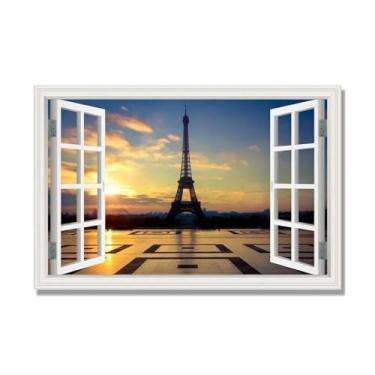 Imagem de Janela de arte de parede com impressão em tela. Vista de janela falsa. Impressão de imagem natural em tela. Arte de cenário para decoração de sala de estar. (Vista da Torre Eiffel de Paris 03). 70 x