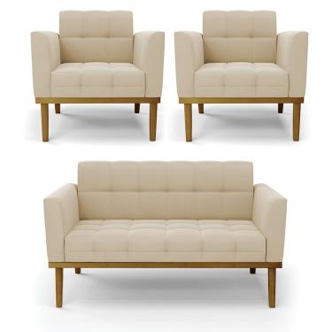 Imagem de Namoradeira Com 2 Poltronas Base De Madeira Castanho Elisa Suede D03 - D\'rossi Cor Bege