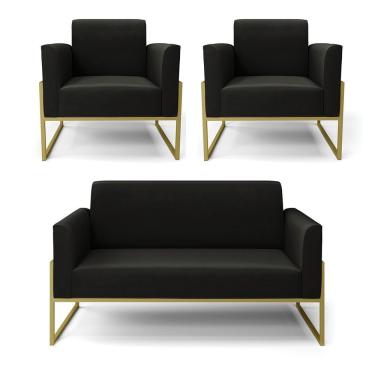 Imagem de Sofá Namoradeira Com 2 Poltronas Base Industrial Alta Dourado Marisa Suede D03 - D\'rossi Cor Preto