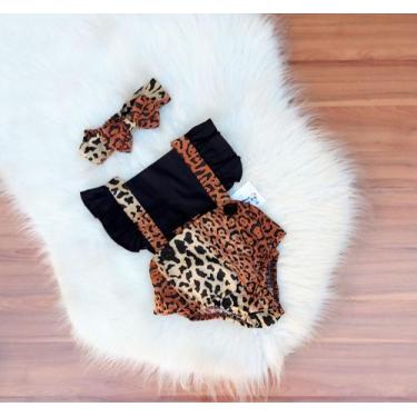 Imagem de Jardineira Romper Body Bebe Menina Animal Print Oncinha C Tiara temati
