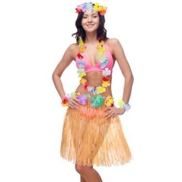 Imagem de Abeillo Pacote com 5 saias havaianas de grama hula para festa de luau no Havaí, saia de dança de hula com acessório de fantasia havaiana Lei Havaí (amarelo)