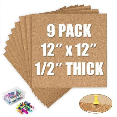 Imagem de AKTOP Quadro de avisos de quadro de cortiça 30,5 x 30,5 cm, 1,27 cm de espessura, pacote com 9, placa quadrada pequena para parede, quadros de cortiça autoadesivos com 120 clipes de madeira para escola, casa e escritório