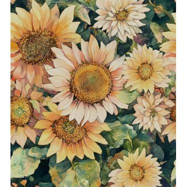 Imagem de Papel de parede de girassol descascar e colar, papel de contato floral amarelo vintage 44,5 cm x 299,7 cm, papel de parede de flor botânica verde autoadesivo removível à prova d'água para banheiro