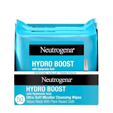 Imagem de Neutrogena Toalhetes de limpeza facial Hydro Boost + ácido hialurônico, removedor de maquiagem hidratante lenços faciais removem sujeira e maquiagem à prova d'água, hipoalergênicos,