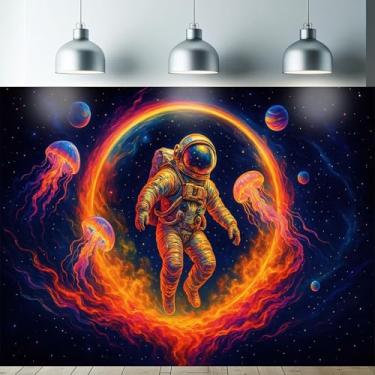 Imagem de Starlit Patio Anel de Fogo Tapeçaria Astronauta Luz Negra UV Reativo Parede Espaço Medusa Galáxia Planetas para Quarto Sala de Estar Decoração Psicodélica Fluorescente Trippy Poster 78 x 59 polegadas
