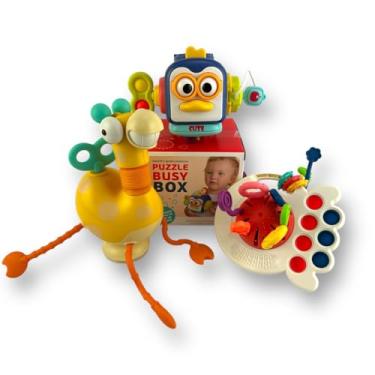 Imagem de Kit de Brinquedos Sensoriais para Bebê Mordedor Disco Voador 4 em 1 Girafa com Ventosa Cubo de Atividades (Colorido)