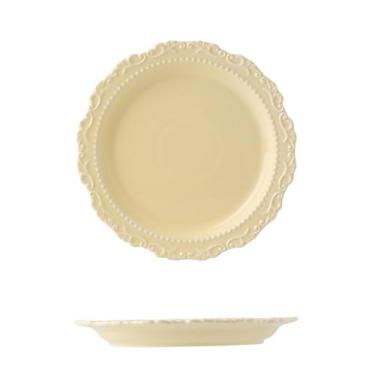 Imagem de Prato de jantar de cerâmica em creme estilo palácio retrô em relevo doméstico - prato amarelo raso de 21,8 cm