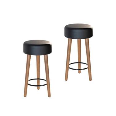 Imagem de Kit 2 Bancos Banqueta Paris Couro Preto Mesa Gourmet Pés Madeira Mz De