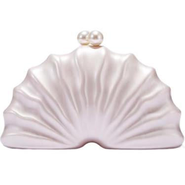 Imagem de FIWADELF Bolsa de mão de acrílico para noite com concha e pérola, bolsa tiracolo de luxo, bolsa tiracolo de ombro, bolsas de festa de casamento, Pérola branca