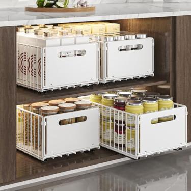Imagem de YunNasi Organizador de armário com gavetas, prateleiras de armazenamento, organizador de armário, cesta deslizante para cozinha, sem perfuração e pregos, branco, 4 peças 25 cm L x 38 cm P x 19 cm (A)