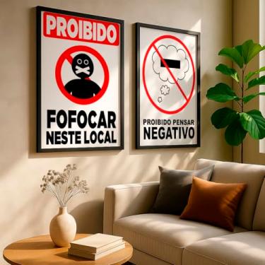 Imagem de Kit 2 Quadros Decorativos Placas Divertidas Proibido Frases Engraçadas Ambiente Descontraído Escritório Com Moldura