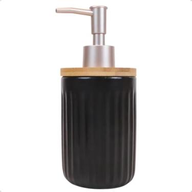 Imagem de Porta Sabonete Líquido Canelado Preto Cerâmica e Bambu 300ml Para Banheiro