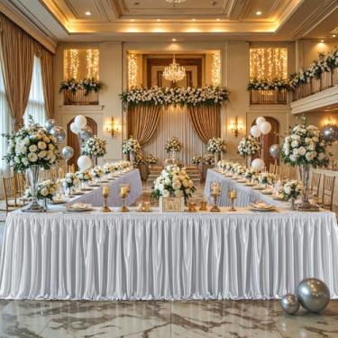 Imagem de Wish Care Saia de mesa de cetim prata com 6,4 m de comprimento para mesas retangulares, sem rugas, purpurina, toalha de mesa plissada, toalha de mesa para casamento, aniversário, chá de bebê, festa