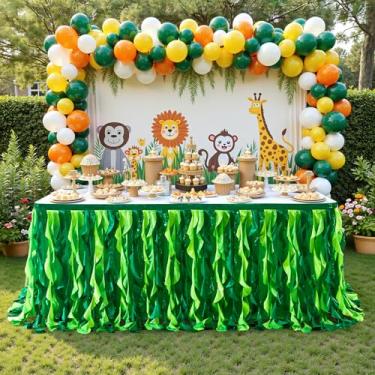 Imagem de Wish Care Saia de mesa de lantejoulas verdes de 2,7 m para mesas retangulares, saia de tutu havaiana de salgueiro encaracolado, saia de mesa com babados para aniversário, chá de bebê, selva, luau