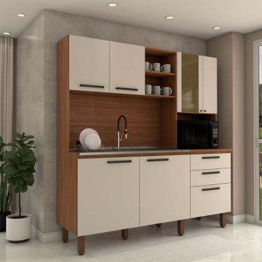 Imagem de Cozinha Compacta Leviosa 7 Portas 2 Gavetas com Vidro Nogueira/Off White - Panorama Móveis