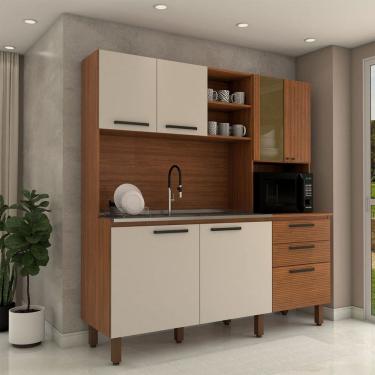 Imagem de Cozinha Compacta Leviosa 7 Portas 2 Gavetas com Vidro Ripado 3d Nogueira/Off White - Panorama Móveis